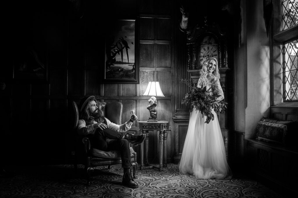 Couple on thier wedding day in Miskin Manor