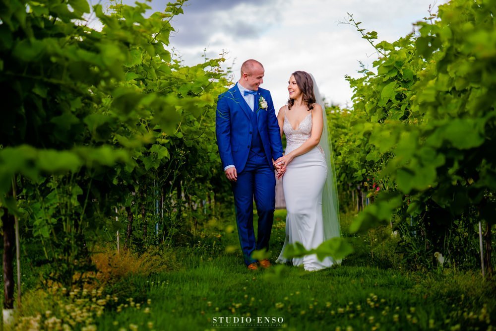 newly married couple on their wedding day walking through the vineyards at Lanerch Vineyard